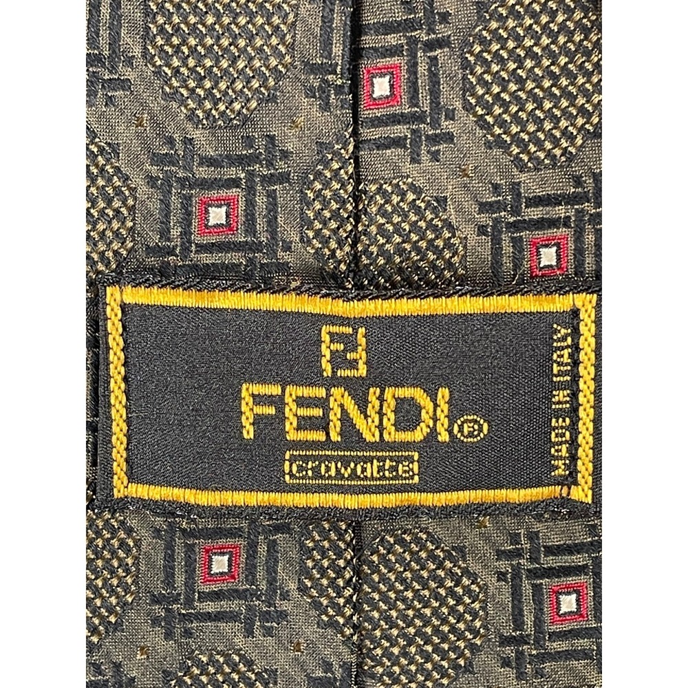 Fendi Mens Silk Geometric Print Classic Neck Tie Green Brown Size O/S Made Italy - Picture 2 of 6